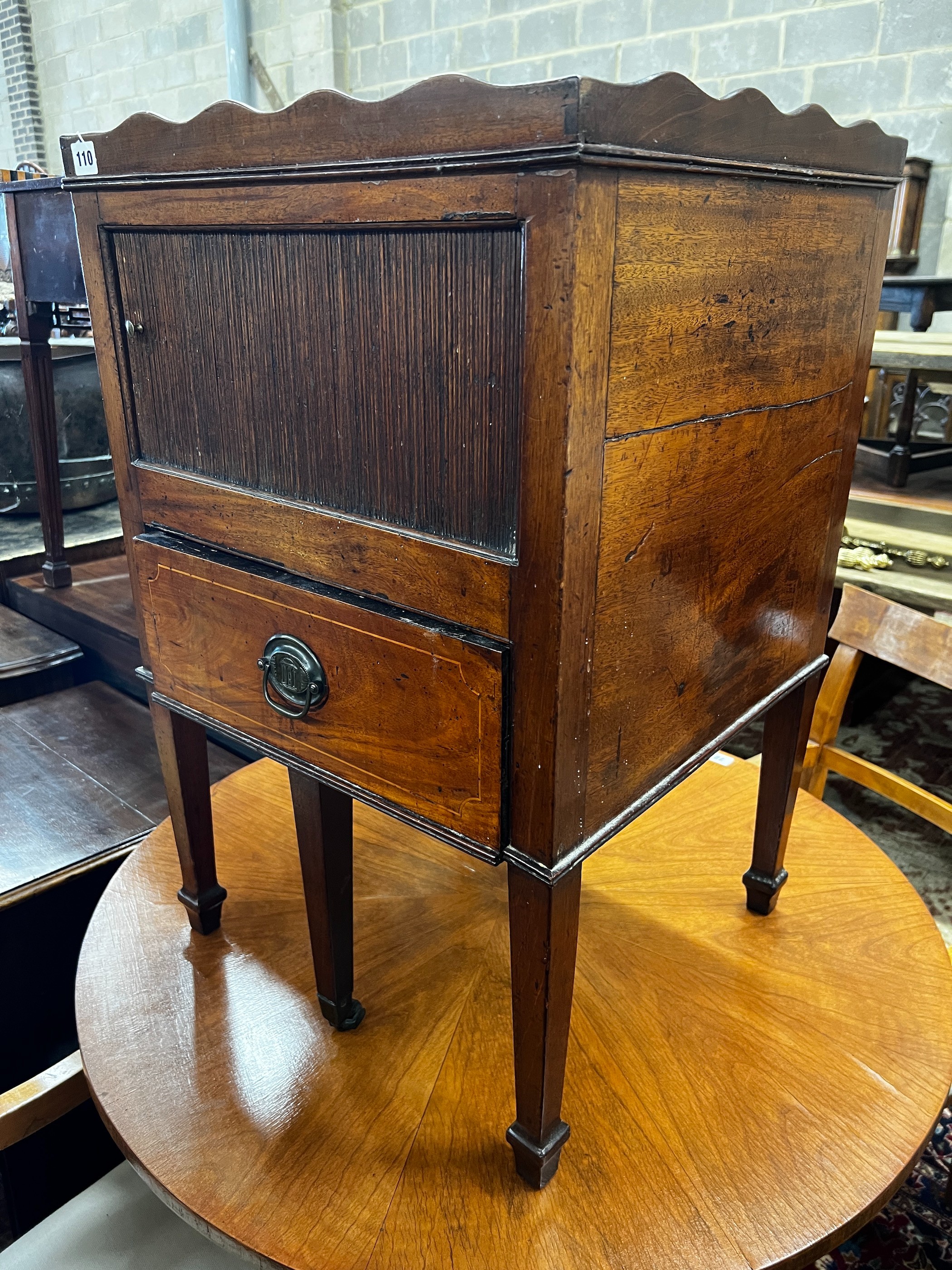 A George III mahogany tambour bedside cabinet, width 49cm, depth 46cm, height 76cm